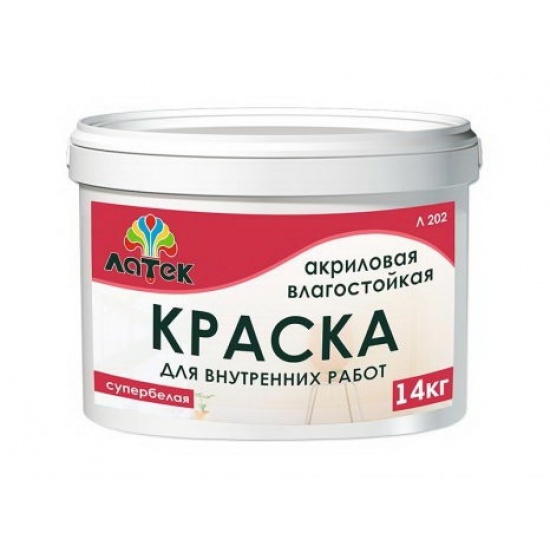Краска акриловая для внутренних работ влагостойкая супербелая 14 кг Латек Л202 - 1