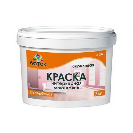 Краска акриловая  интерьерная моющаяся супербелая 14 кг Латек Л204 - 1