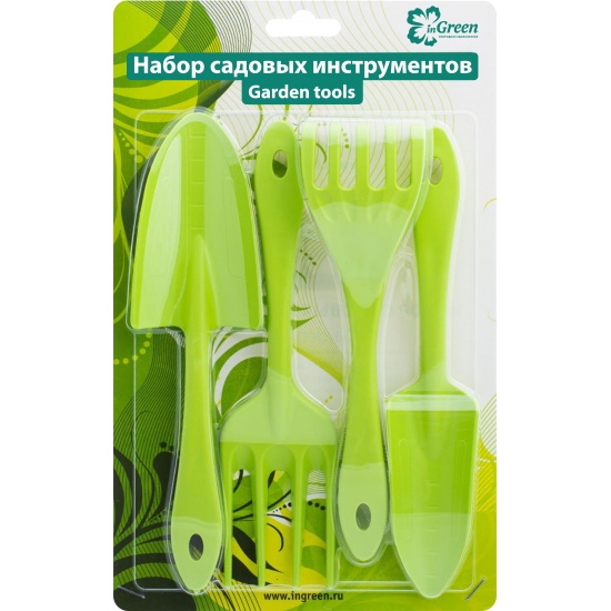 Набор садовых инструментов (лопатка, совок для пересадки, грабельки, вилка для рыхления) салатовый ING60009СЛ (22) - 1